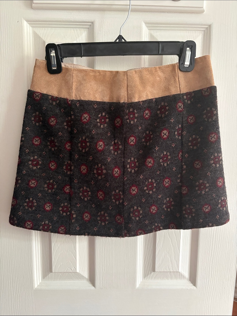 Patterned Charcoal Mini Skirt with Tan Suede Waistband